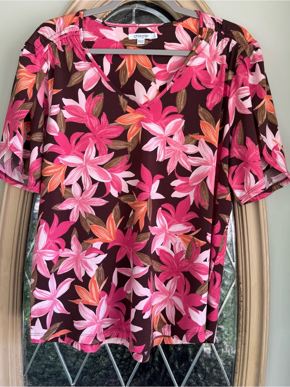 Chico's Pink & Coral Floral V-Neck